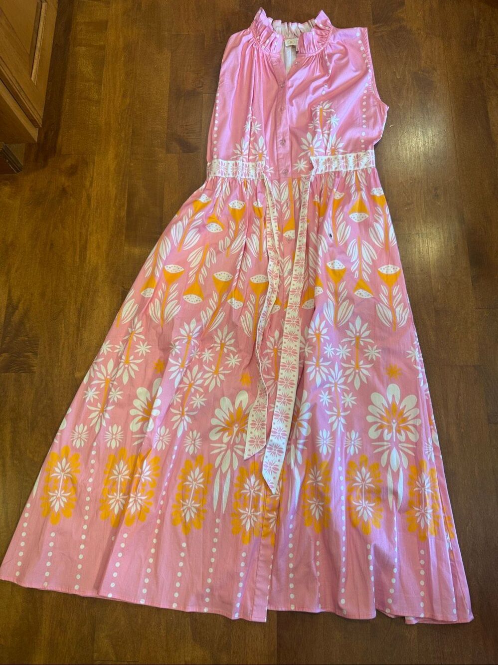 Sheridan French Pink Orange Floral Botanical Maxi Dress Tie Waist Size S